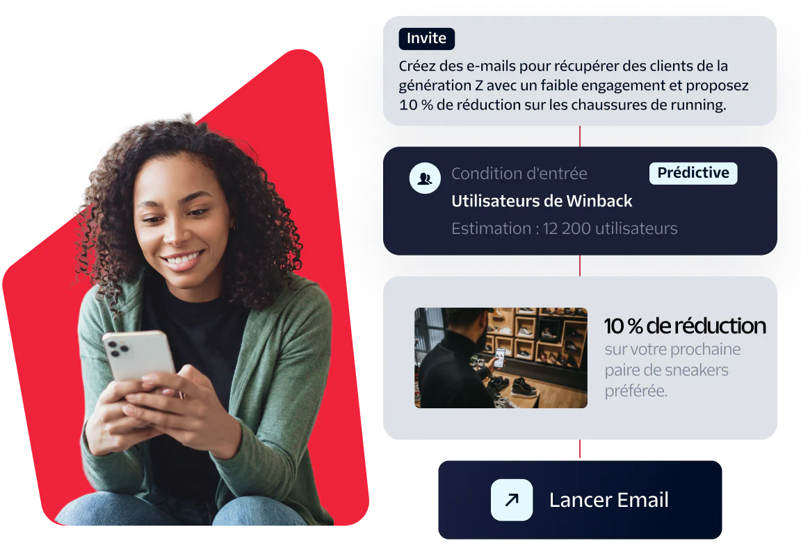 Woman looking at phone with prompt and promotional email components.