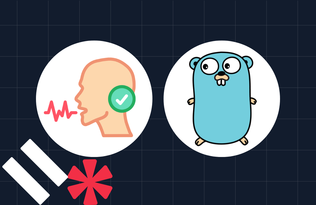 Illustration of a speech icon with soundwaves and a blue cartoon character on a dark grid background.