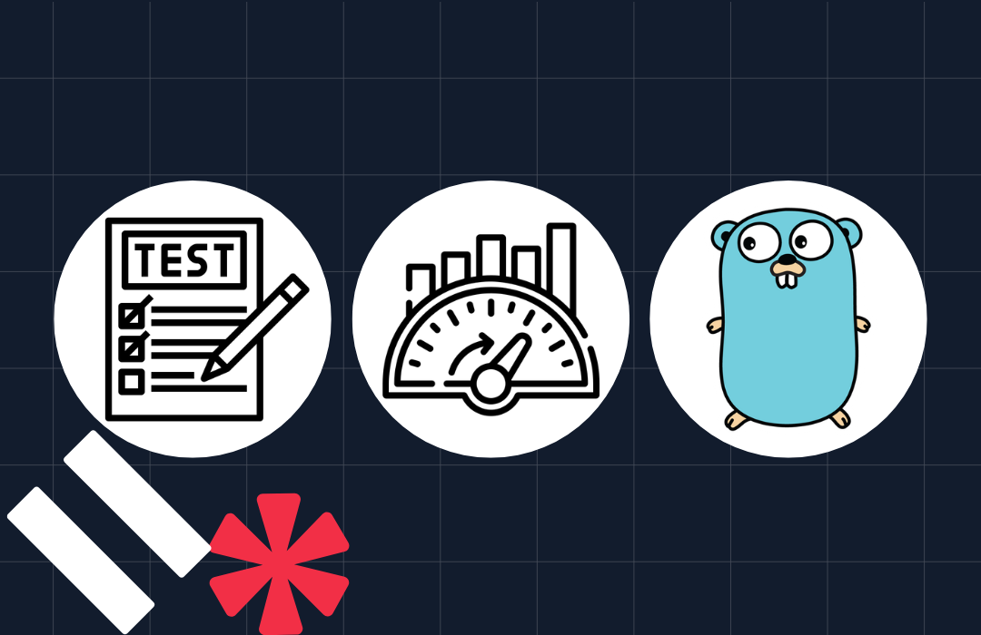 Icons of a test, performance gauge, and a blue gopher on a dark grid background with red and white shapes.