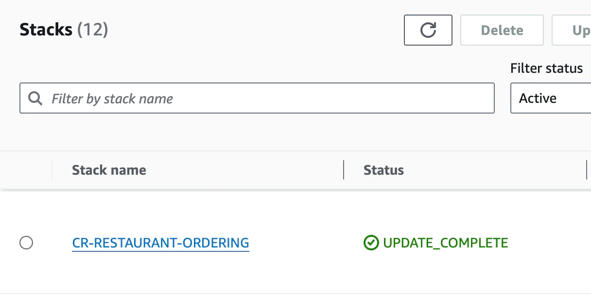 AWS CloudFormation dashboard showing stack CR-RESTAURANT-ORDERING with status UPDATE_COMPLETE. AWS CloudFormation dashboard showing stack CR-RESTAURANT-ORDERING with status UPDATE_COMPLETE.