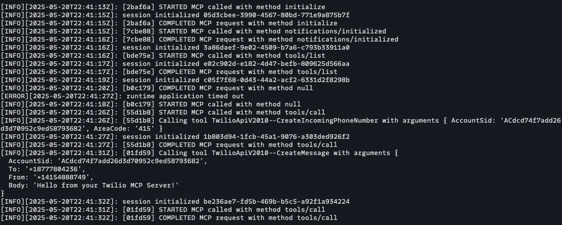 Terminal displaying log entries for MCP and Twilio API operations, including method calls and outputs. Terminal displaying log entries for MCP and Twilio API operations, including method calls and outputs.