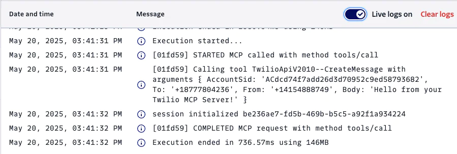 Detailed view of log entries showing Twilio MCP call execution steps with timestamps and message statuses. Detailed view of log entries showing Twilio MCP call execution steps with timestamps and message statuses.