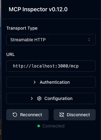 MCP Inspector Interface Screen for Streamable HTTP Transport Screenshot of MCP Inspector v0.12.0 user interface showing settings for Streamable HTTP transport type.