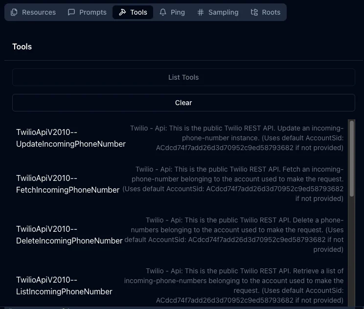 Twilio API Tools Display in Application Interface Screenshot of an application showing a list of Twilio API tools with options to update, fetch, delete, and list phone numbers.