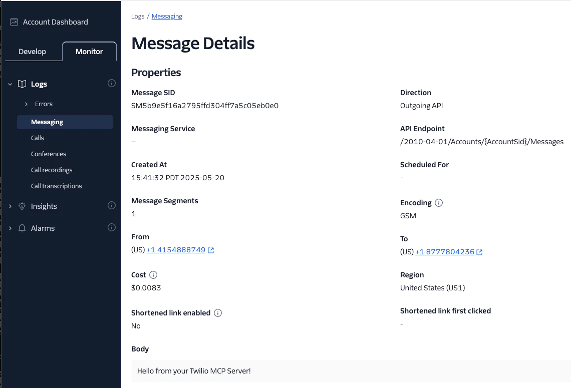 Screenshot of Twilio dashboard showing message details, properties, and logs. Screenshot of Twilio dashboard showing message details, properties, and logs.