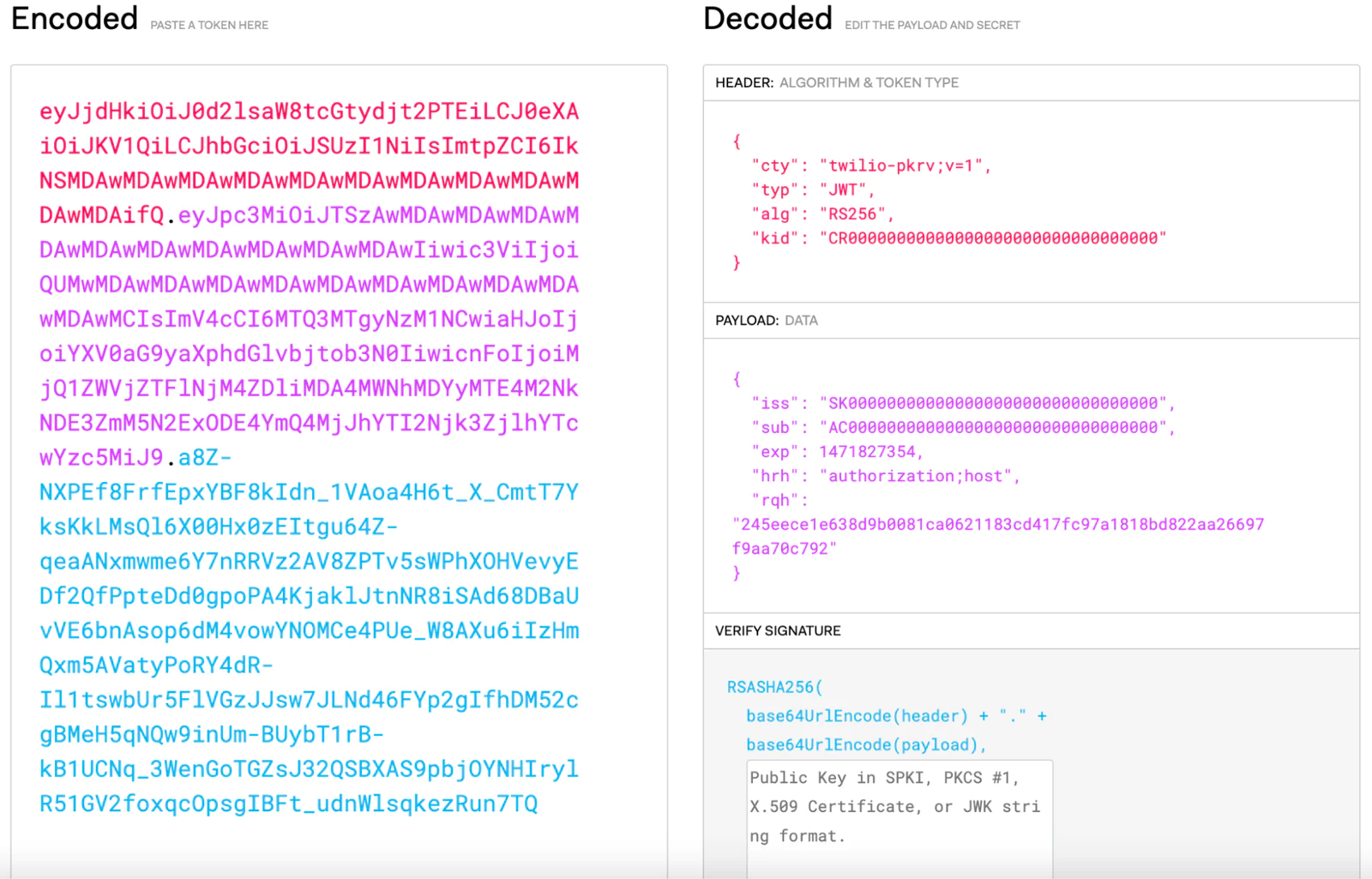 JWT Encoder and Decoder Interface Screenshot of a JWT encoder on the left and decoder on the right showing header, payload, and signature data.
