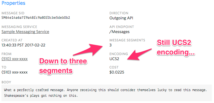 Três segmentos de SMS devido à codificação