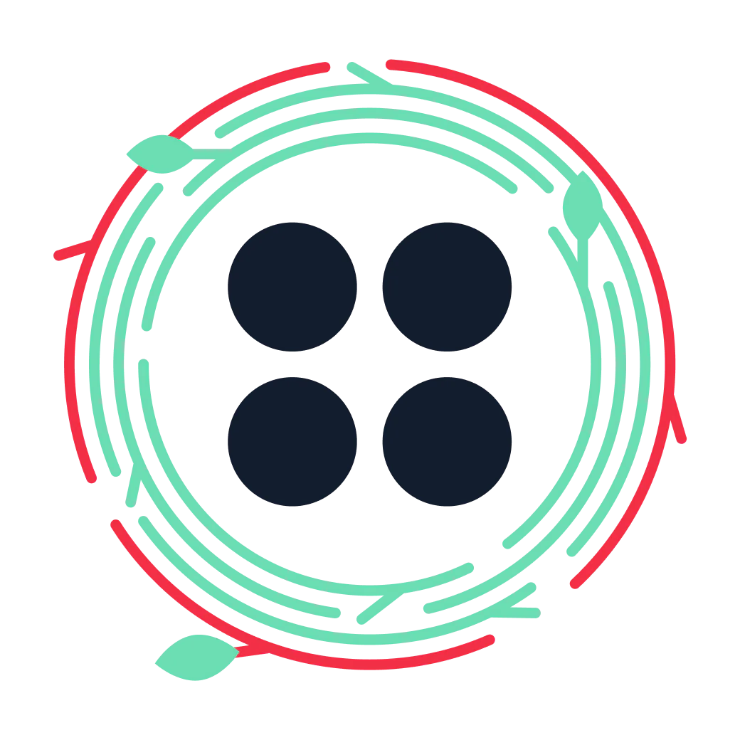A stylized button surrounded by dark branches with red tips and green leaves.