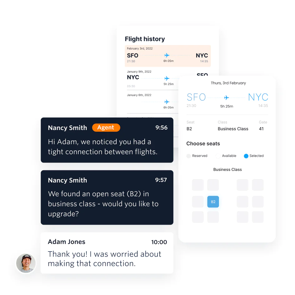 Series of messages between a passenger and an airline sales agent who is proactively offering an upgrade as an upsell Series of messages between a passenger and an airline sales agent who is proactively offering an upgrade as an upsell