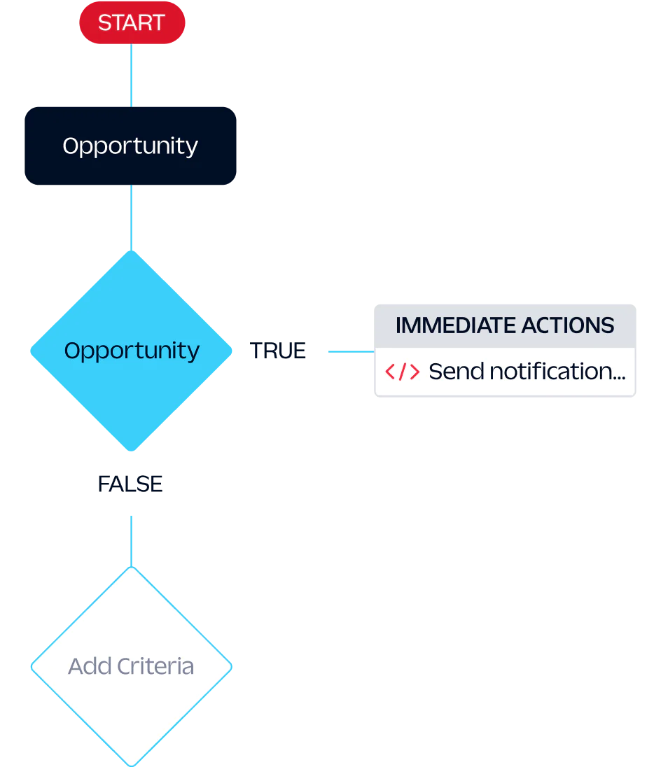 Flowchart starting with Opportunity, proceeding based on a condition, leading to immediate actions or adding criteria.
