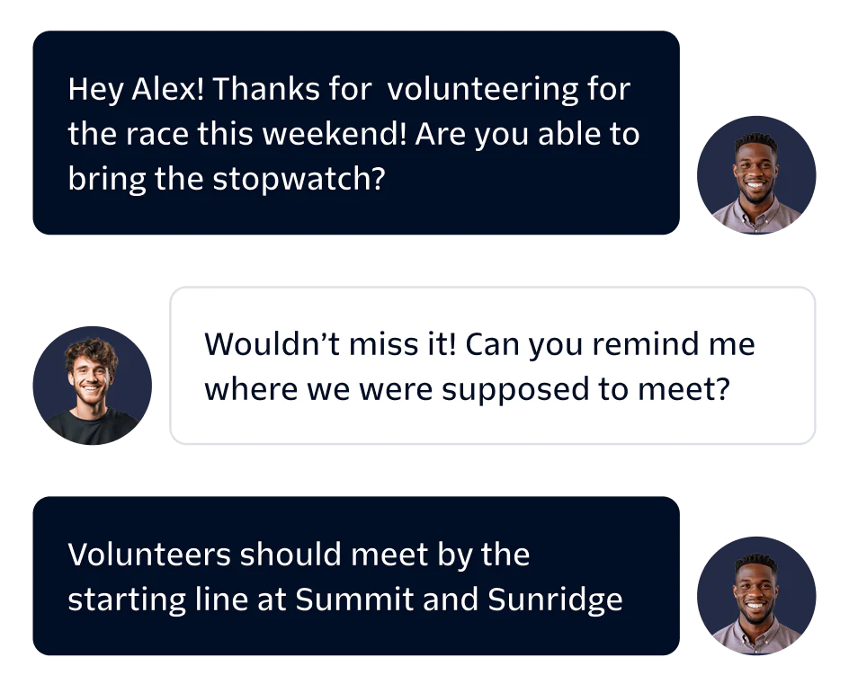 Three volunteers discussing race logistics, mentioning a stopwatch and meeting point at Summit and Sunridge.